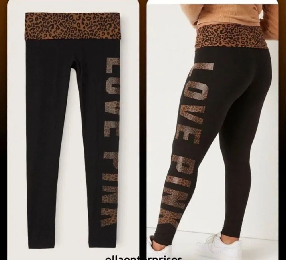 VS PINK logo hi waisted cotton foldover waist leopard yoga leggings/pants XL I